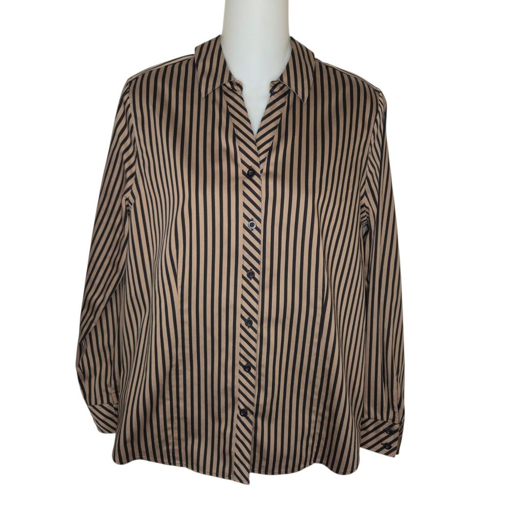 Chico's NWOT No Iron Striped Button Down Blouse Tan Black Size 0 / US 4/6